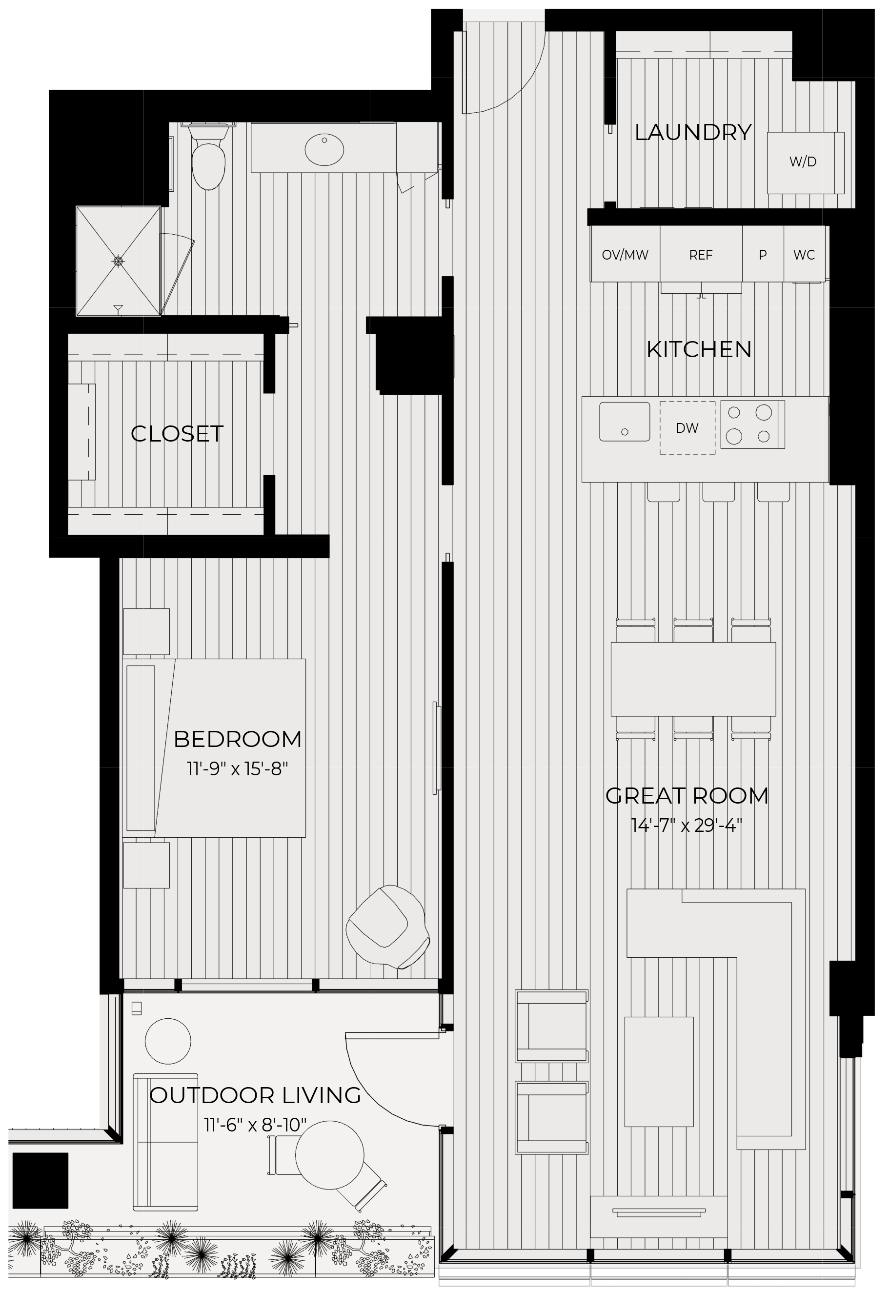 Floor plan for 1 bed, 1 bath, 1121 sqft